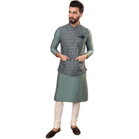 Kisah Men Olive Green Kurta Jacket Set Blended Fabric Full Sleaves, Knee Length, Regular Fit, Mandarin Collar Ethnic Wear