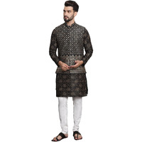 Sojanya (Since 1958 Men's Silk Blend Print Black Kurta And Cream Pyjama With Black Nehru Jacket