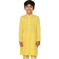 Kisah Kid's Cotton Full Sleeves Regular Fit Knee Length Striped Kurta (Lemon Yellow, 3-4Y)