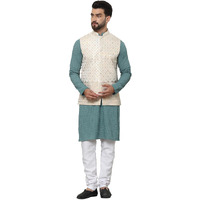 Sojanya (Since 1958 Men's Pure Cotton Sea Green Kurta And White Pyjama With Cream Nehru Jacket