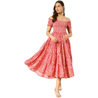 Kzully Women's Crepe Smocked Midi Dress (7001-Pink-Flower-M-Print_Pink