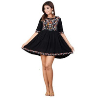 Digital Shopee Crepe Embroidery Short Flair Frock Regular Kurti | Kurta For Women Girls Black