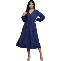 Varanga Women Blue V-Neck Bishop Sleeves A-Line Dress With Gathered Details And Flared Hem (Small)