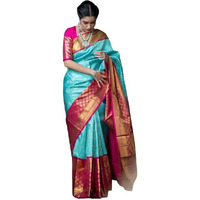 Flosive Ayn Women's Present Banarasi Soft Lichi Silk Saree Beautiful Jacquard Rich Pallu Design Work Zari Woven Silk Style Saree With Soft Lichi Silk Blouse Piece (Sky Blue)
