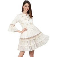 Ishin Women's Off White Pure Cotton Zari Embroidered A-Line Dress