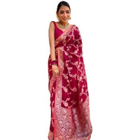 Flosive Women's Kanjivaram Silk Saree With Weaving Work Gold Zari With Blouse (Ruby Pink)