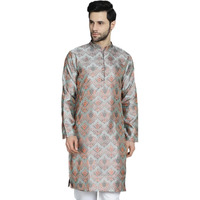 Jompers Men's Silver Silk Blend Straight Kurtas (Silver, S)