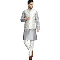 Jompers Mens Cream Woven Design Nehru Jacket With Kurta Pyjama Set (Cream, Xl)