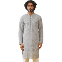 Jompers Men Grey Chikankari Embroidered Kurtas (Grey, L)