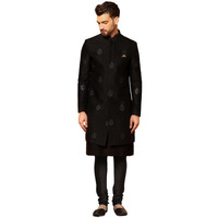 Kisah Men's Kurta Indo-Western Sherwani Churidar Set, Black Silk Blend, Jacquard Regular Fit Mandarin Collar Long Sleeves (44)