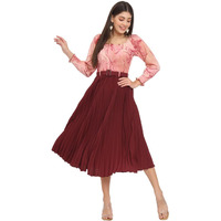 Kzully Women's Knee-Length A-Line Dress With Pleats, Has An Square Neck, Printed Top Comes With A Belt Maroon