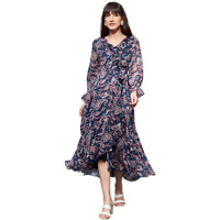 Miss Chase Women's V-Neck Full Sleeves Relaxed Fit Midi Length Dress With Pockets (Mcss22D16-10-178-05, Multicolored-Base-Navy Blue, L)