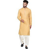 Kisah Men's Cotton Blend Long Sleeves Regular Fit Woven Design Yellow Kurta Patiala Set (L)