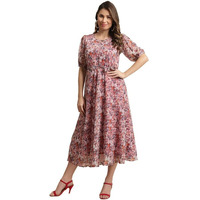 Preneum Women's Maxi Fit & Flare Latest Style Print Georgette Regular Sleeves Casual Summer Maxi | Festival & Occasion, Peach, Xl