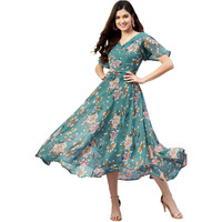 Rare Women Casual Teal Colour Calf Length Fit & Flarefloral Dress, Large