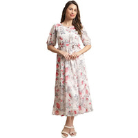 Preneum Women's Maxi Fit & Flare Print Georgette Regular Sleeves Casual |Summer |Latest Style |Festival & Occasion Maxi Gown(Maxi-N-26_L) Bright White
