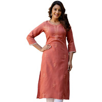 Sanisa Women's Cotton Blend Chikankari Embroidery Straight Kurti (481K10053N-L_Peach Orange)