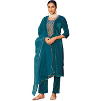 Sanisa Women's Velvet Sequins Embroidery Straight Kurta With Pant And Dupatta Set (224Kbd2371N-M_Rama Blue1)