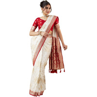 Satrani Women's Silk Weaving Saree With Unstitched Blouse Piece (4090S351N_White & Red)