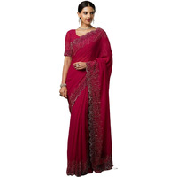 Satrani Women's Georgette Stone Work Scalloped Border Saree With Unstitched Blouse Piece (3902S464N_Red)