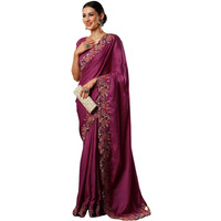 Satrani Women's Satin Embroidery And Scalloped Border Saree With Unstitched Blouse Piece (3922S535N_Rani Pink)