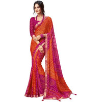 Satrani Women's Lace & Bandhani Printed Chiffon Saree With Unstitched Blouse Piece(2612S2078N_Pink & Orange2)