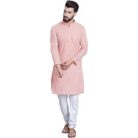 Sojanya (Since 1958 Men's Pure Cotton Peach Kurta With White Embroidery And White Pyjama Set