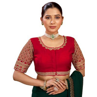 Satrani Women's Silk Embellished Half Sleeve Regular Fit Blouse (51B768N_Red & Golden & Multi