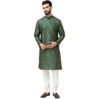 Sojanya (Since 1958 Men's Silk Blend Dark Green Self Design Kurta With Off White Pyjama Set