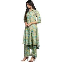 Tadkee Women Cotton Blend Printed Kurta With Plazzo (Fn-Collar-Pair-Round-118-Green-M)
