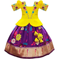 White Button Girl's Satin Lehenga Choli (Yellow Digital Collar-9-10 Years, Wine_9 Years-10