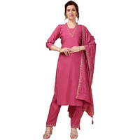 Xomantic Fashion Womens's Pink Color Cotton Embroidered Readymade Kurta Pant Set With Dupatta (Medium, Pink)