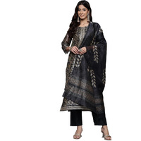 Varanga Women Grey Floral Printed Round Neck Straight Kurta Paired With Bottom And Printed Dupatta.