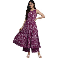 Varanga Women Pink Floral Printed Anarkali Kurta Paired With Tonal Bottom