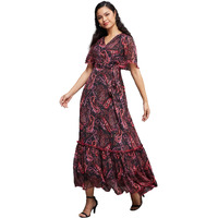 Miss Chase Women's Bohemian V-Neck Flutter Sleeve Chiffon Relaxed Fit Wrap Maxi Dress With Pockets (Mcaw21D06-14-171-03, Multicolored-Base-Black, S)