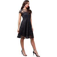 Miss Chase Women's Round Neck Cap Sleeve Lace Solid Embellished Mini Skater Dress (Mcss24D97-04-62-02, Black, Xs)