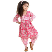 Pspeaches Girls Pink Floral Striped Pure Cotton Kurti With Patiala (Pink-7-8Y)