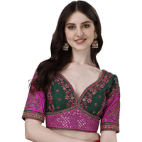 Pujia Mills Women's Heavy Embroidery Coding With Sequins Work Half Sleeves Fancy Readymade Saree Blouse(Rajwadi Green_42)