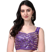 Pujia Mills Women's Embroidery Work Real Mirror Sleeveless Readymade Blouse Royal Blue Color (V-Mirror_Royal Blue_34)