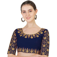 Pujia Mills Women's Phantom Silk Floral Half Sleeve Saree Blouse (Mbb_Navy_38 Size+Margin)