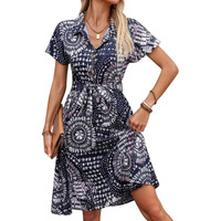 Gufrina Women's Rayon Midi Dress With Half Sleeves Geometric Printed Spread Collar Neck Knee Length Regular Fit And Flare Blue