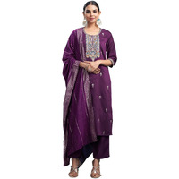 Sanisa Women's Silk Blend Sequins And Embroidery Work Straight Kurta With Pant And Dupatta Set (207Kbd2194N-Xxl_Dark Purple)
