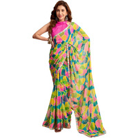 Satrani Women's Georgette Printed With Foil Work Saree With Unstitched Blouse Piece (3715S2633N_Green & Pink & Multi4)