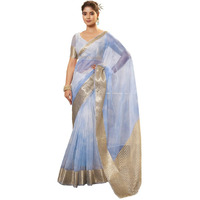 Satrani Women's Organza Printed Jacquard Border Zari Stripe Saree With Unstitched Blouse Piece (3797S456N_Blue & White3)