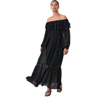 Selvia Women's Solid With Belt Off Shoulder Sleeves Georgette Off Should Neck Fit & Flare Dress (535Tk7743N-M_Black)