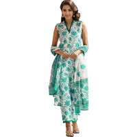 Shienzy Women's Printed Cotton Blend Sleeveless V-Neck Kurta Pant Dupatta Set || Stylish Indo-Western Kurti For Wedding, Festive, Office Or Formal & Casual Summer Wear (Shz1435_Mint Green_S)