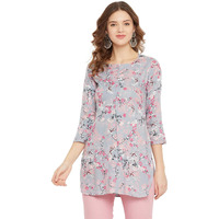 Tissu Women's Grey & Pink Floral Printed Straight Kurti (Blue_Xl)