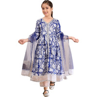 Pspeaches Girl's Cotton Regular 1 Kurta, 1 Payjama, 1 Dupatta (Ks-Bluewhiteorganza-7-8Y_Blue
