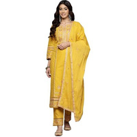 Varanga Women Yellow Floral Thread Embroidered Sequins Embellished With Lace Deatiled Kurta With Bottom And Dupatta