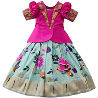 White Button Girls Satin Readymade Lehenga Choli (Rani Digital Collar-7-8 Years, Sky Blue_7 8